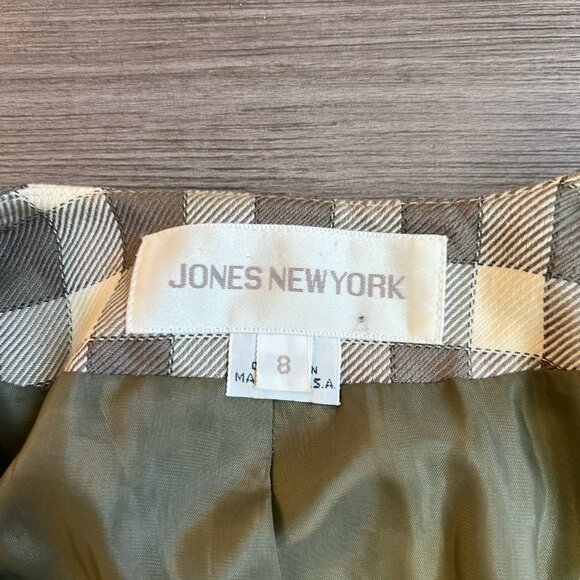 Vtg 80s Jones New York Olive & Cream Check Blazer Oversized Shoulder Pads Size 8 - Picture 4 of 6